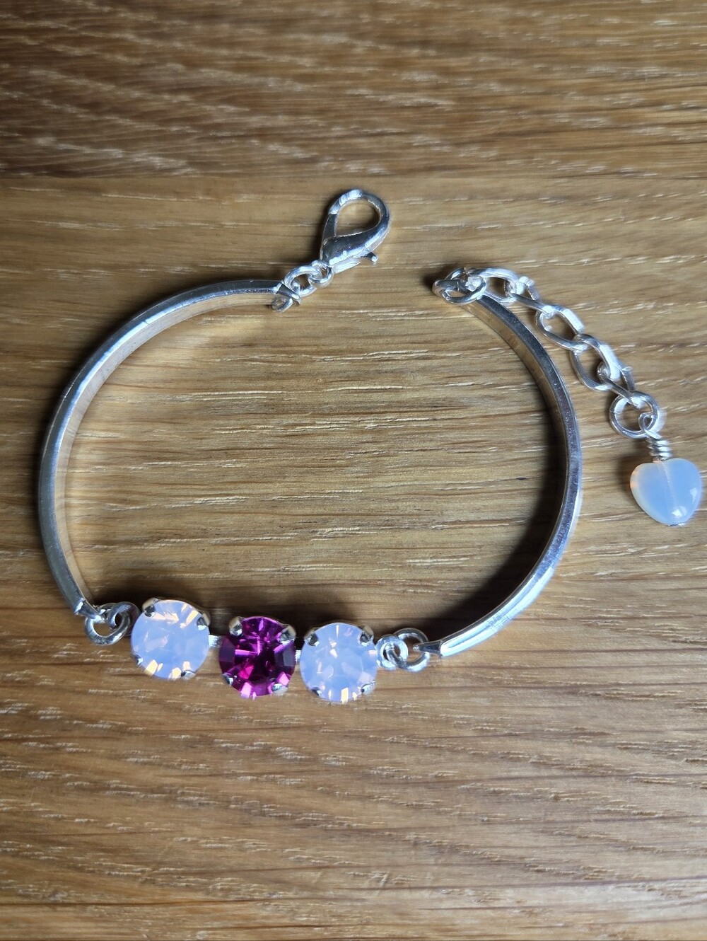 Silver Bar Bracelet with Two Pink Opal & One Fuschia Crystals, Hand Crafted - Picture 3 of 9